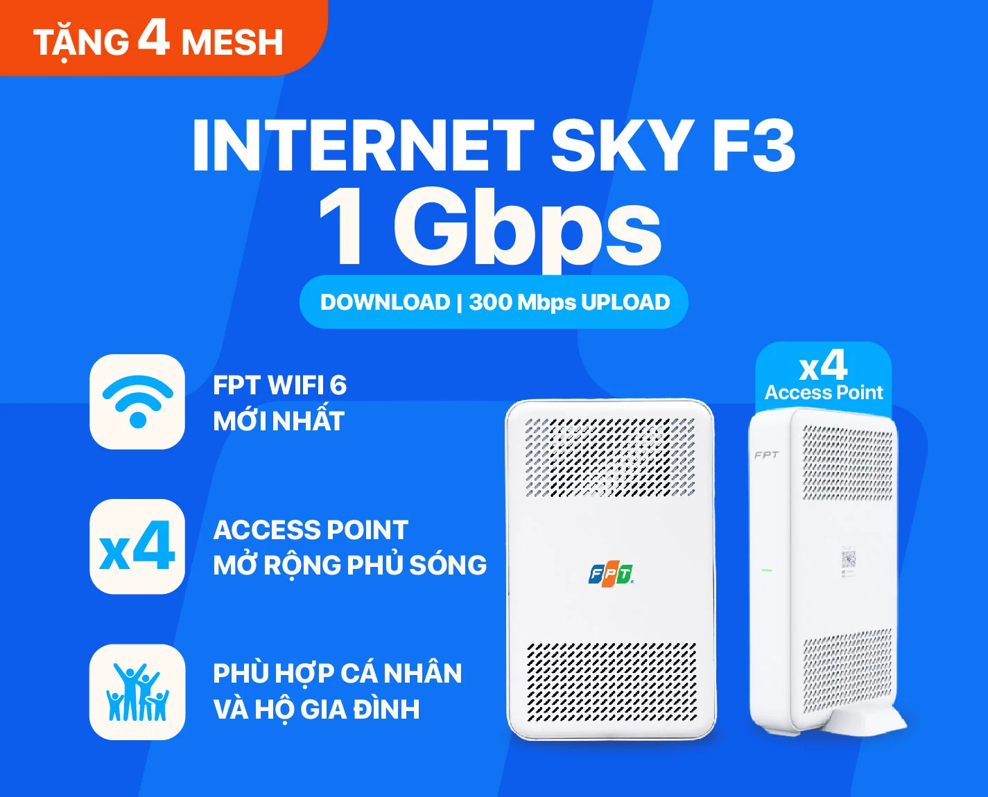 Gói Sky F3 FPT 250k tặng 4 AP Mesh Wifi