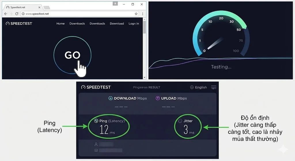 Chỉ số Ping (Latency) và Jitter hiển thị trên Speedtest