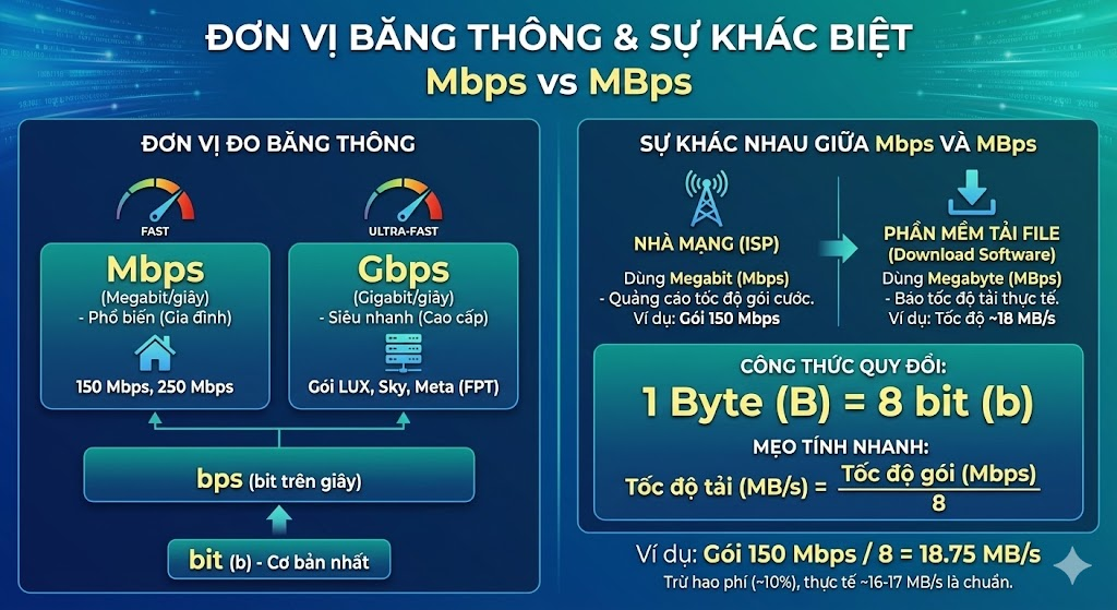 Cách quy đổi tốc độ mạng từ Mbps sang MBps chuẩn nhất