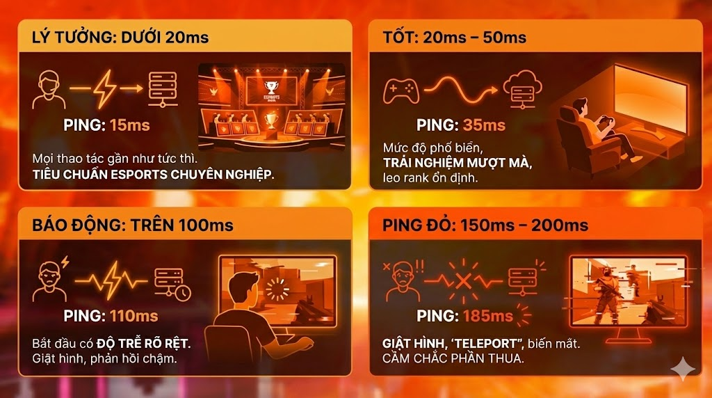 Ping dưới 20ms là mức lý tưởng để thi đấu game chuyên nghiệp