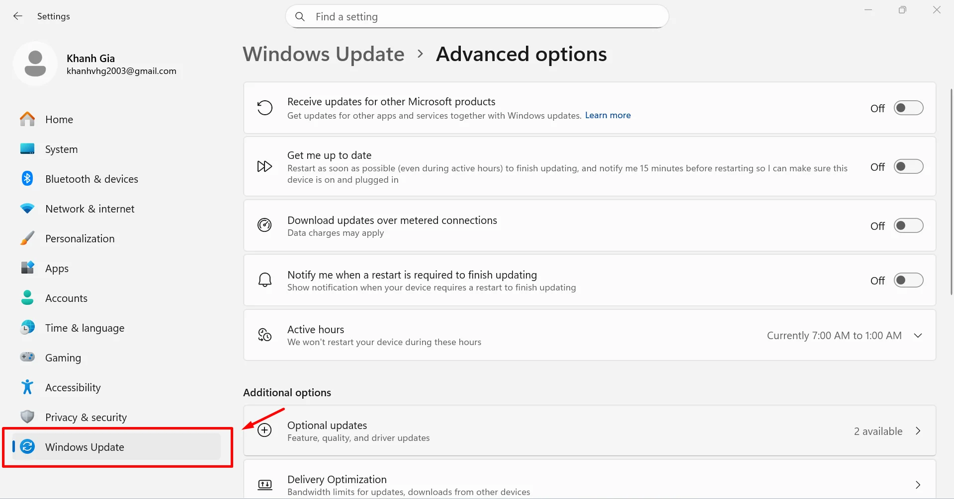 Chọn Advanced Options trong mục Windows Update