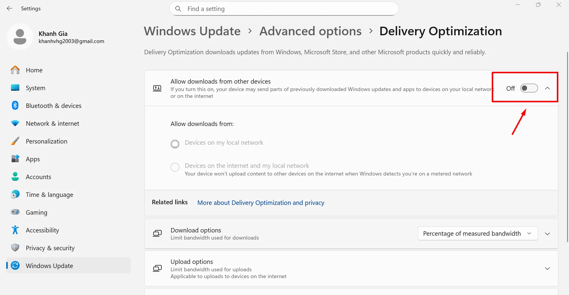 Gạt sang OFF tại mục Allow downloads from other PCs