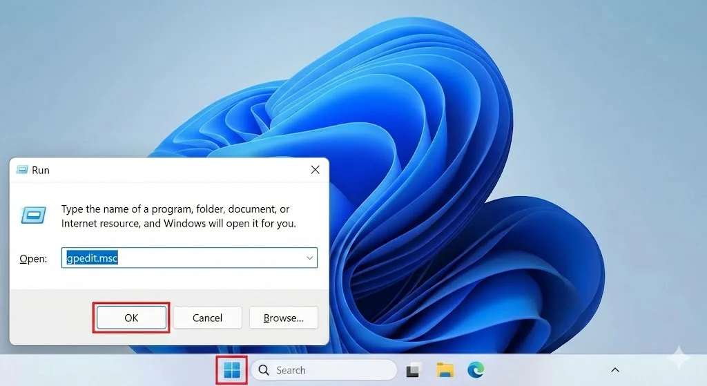 Nhập gpedit.msc vào hộp thoại Run và nhấn Enter
