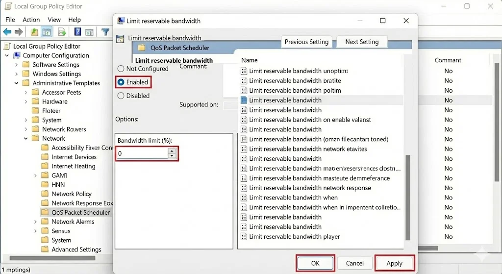 Chọn Enabled và sửa Bandwidth limit (%) về 0