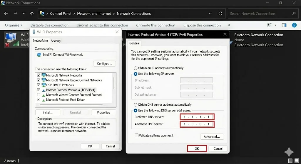 Nhập DNS (ví dụ 1.1.1.1) rồi nhấn OK để lưu