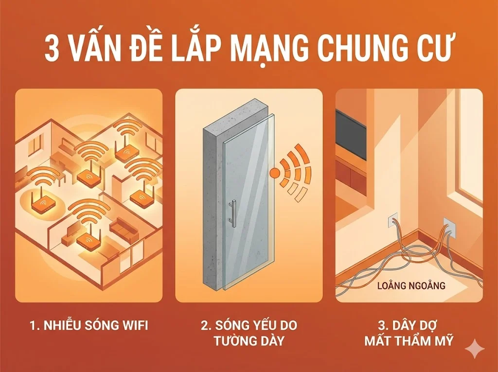 Nhiễu sóng và thẩm mỹ là trở ngại khi lắp mạng chung cư