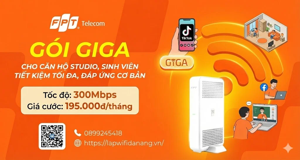Gói Giga FPT Đà Nẵng giá 195k cho căn hộ Studio.