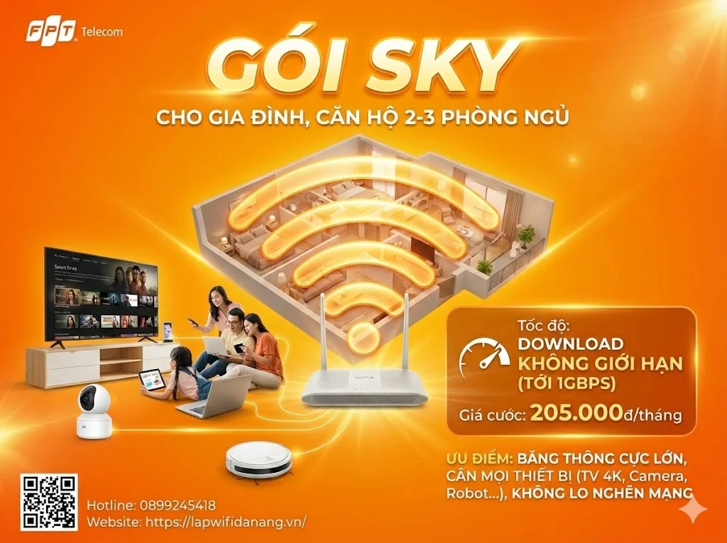 Gói Sky FPT Đà Nẵng không giới hạn băng thông giá 205k.