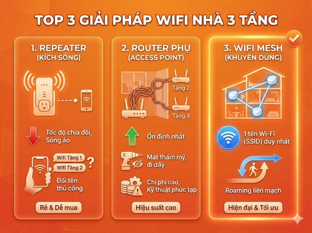 So sánh 3 giải pháp wifi phổ biến cho nhà 3 tầng hiện nay