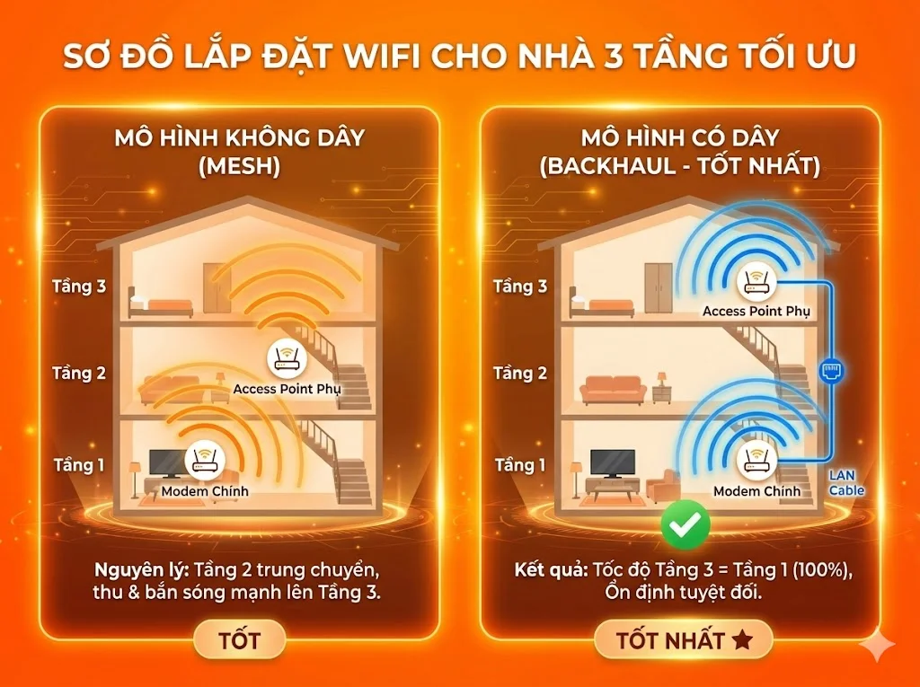 Mô hình lắp đặt Wifi Mesh không dây tiện lợi cho nhà ống 3 tầng