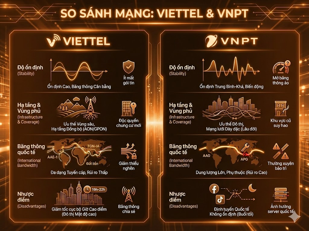 Bảng so sánh độ ổn định và hạ tầng Viettel vs VNPT