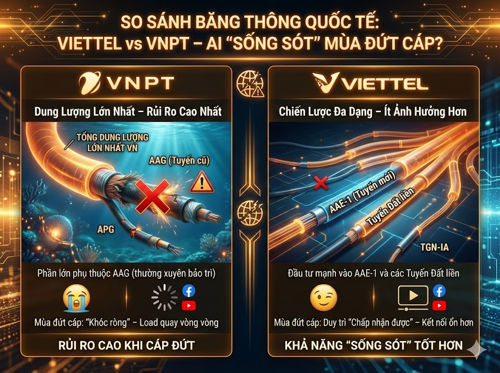 So sánh tốc độ quốc tế Viettel và VNPT khi đứt cáp quang