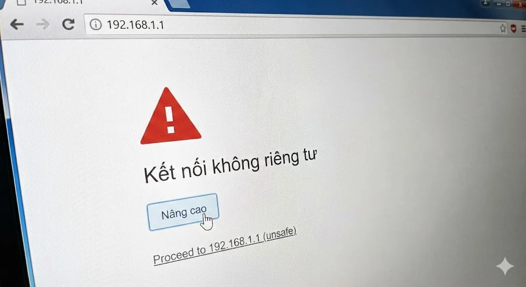 Truy cập 192.168.1.1 và chọn Nâng cao nếu báo lỗi
