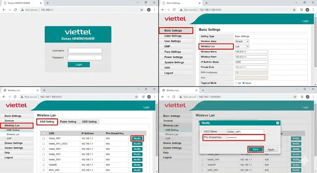 Vào Basic Settings để đổi mật khẩu modem Dasan