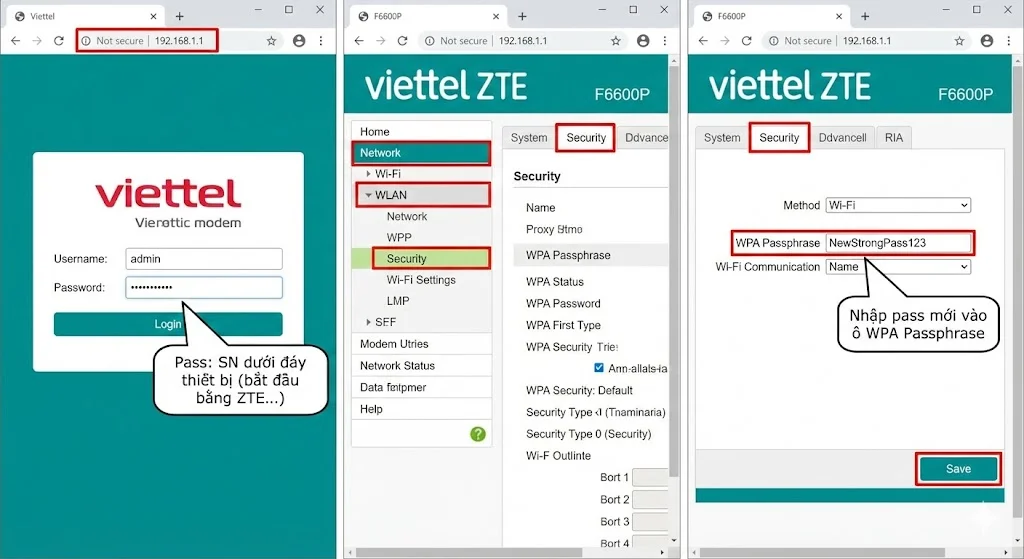 Nhập mật khẩu mới tại ô WPA Passphrase trên modem ZTE