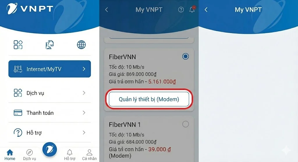Chọn quản lý thiết bị modem trên ứng dụng My VNPT