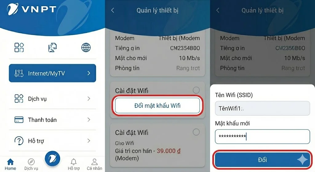 Nhập tên và mật khẩu wifi mới trên ứng dụng My VNPT
