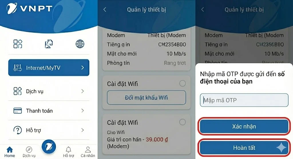 Xác nhận đổi mật khẩu wifi VNPT thành công qua mã OTP