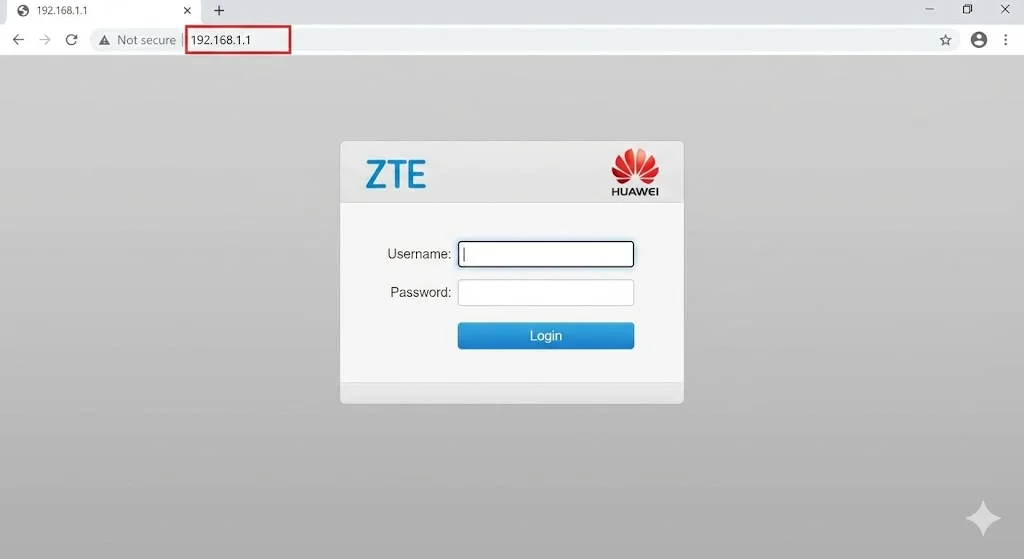 Truy cập địa chỉ IP 192.168.1.1 và đăng nhập modem ZTE Huawei