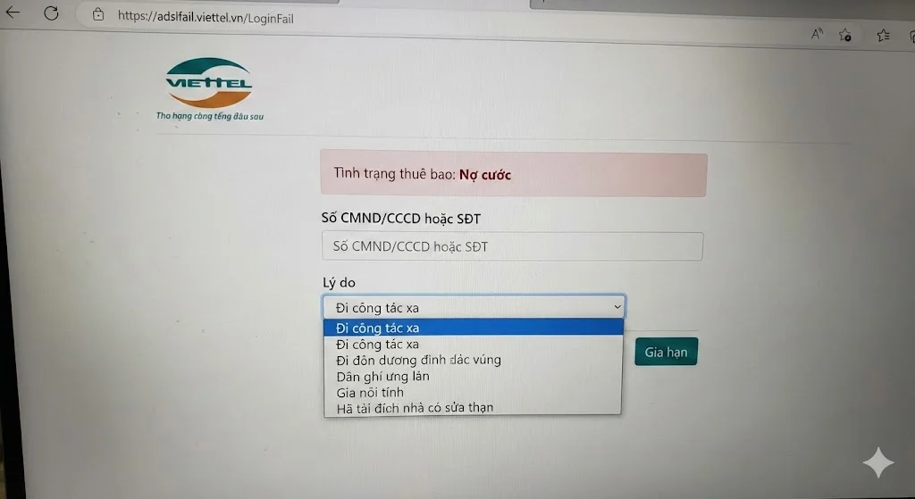 Truy cập adslfail.viettel.vn để tự mở lại mạng nhanh nhất