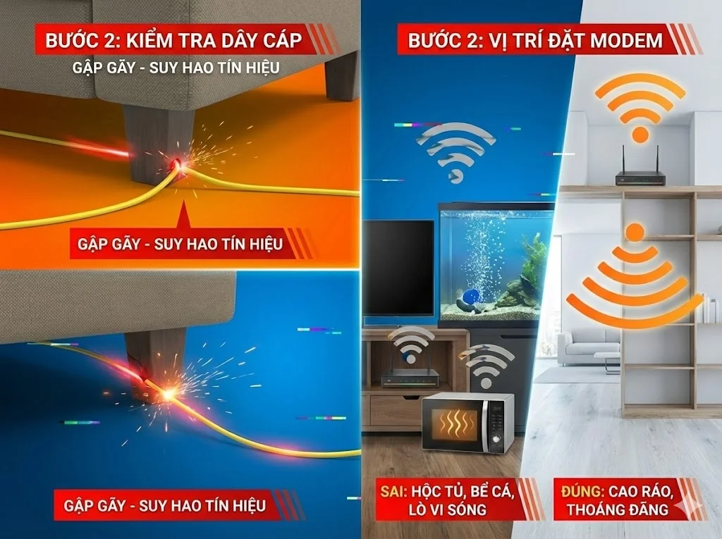 Kiểm tra cáp quang, đặt modem thoáng để wifi ổn định