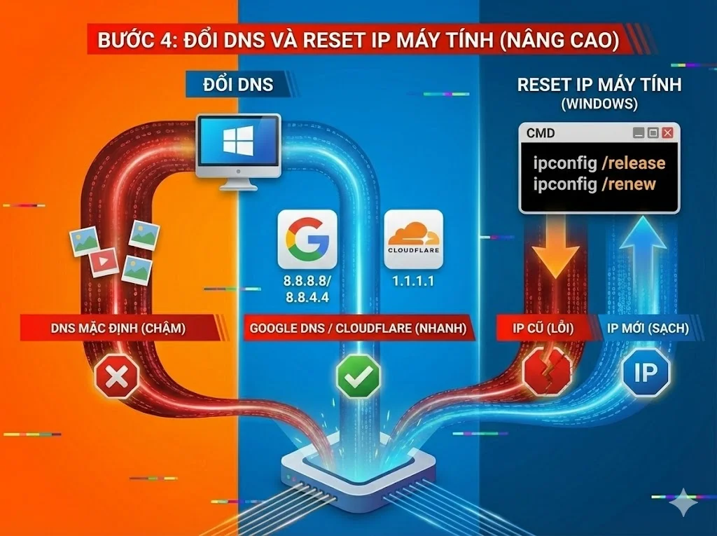 Đổi DNS Google/Cloudflare và reset IP để vào web nhanh hơn