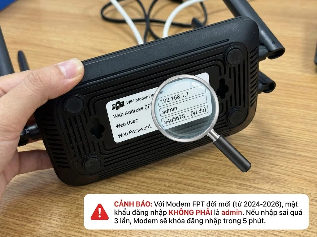 Xem IP, user, password đăng nhập trên tem đáy modem FPT