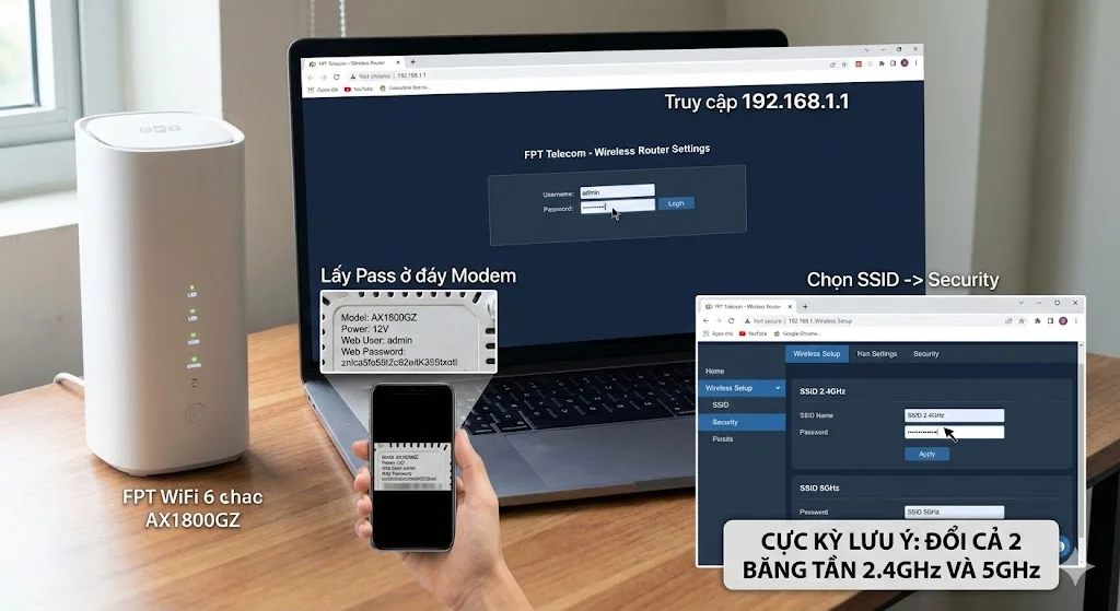 Đổi mật khẩu WiFi 6 FPT trên 192.168.1.1 cho cả 2 băng tần