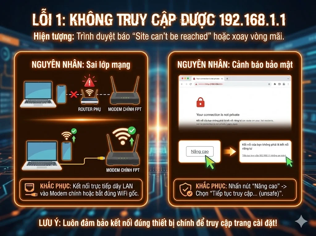 Lỗi không vào được 192.168.1.1: bắt đúng WiFi, bỏ cảnh báo SSL