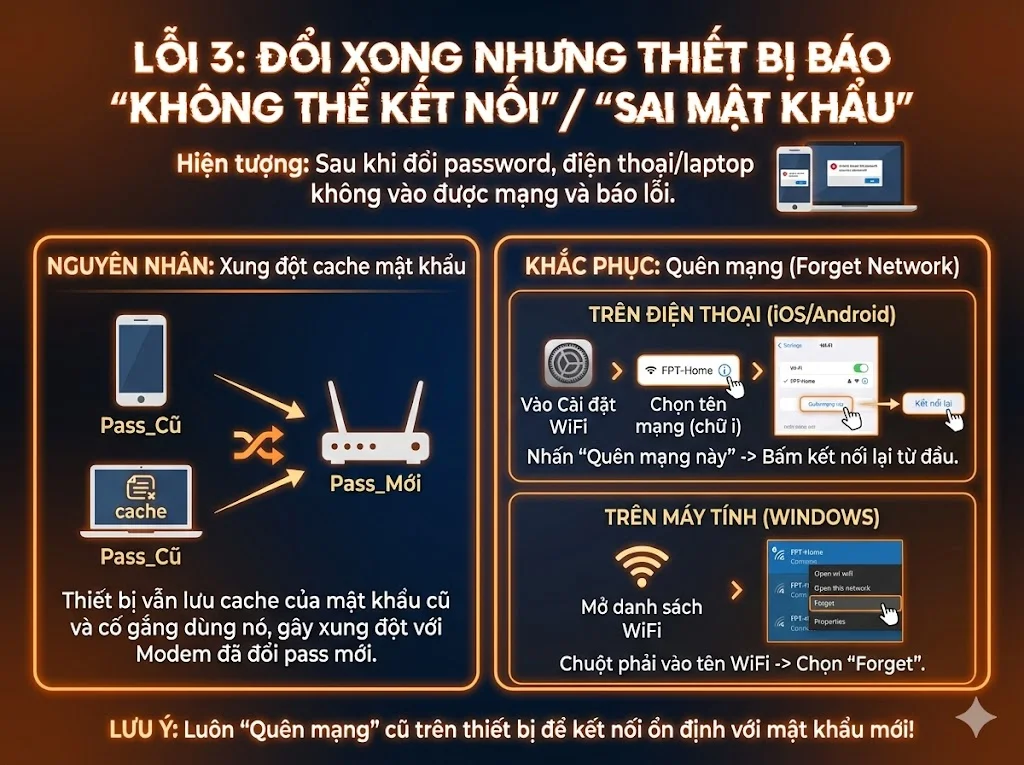 Đổi pass xong không kết nối: quên mạng WiFi rồi nhập lại mật khẩu mới