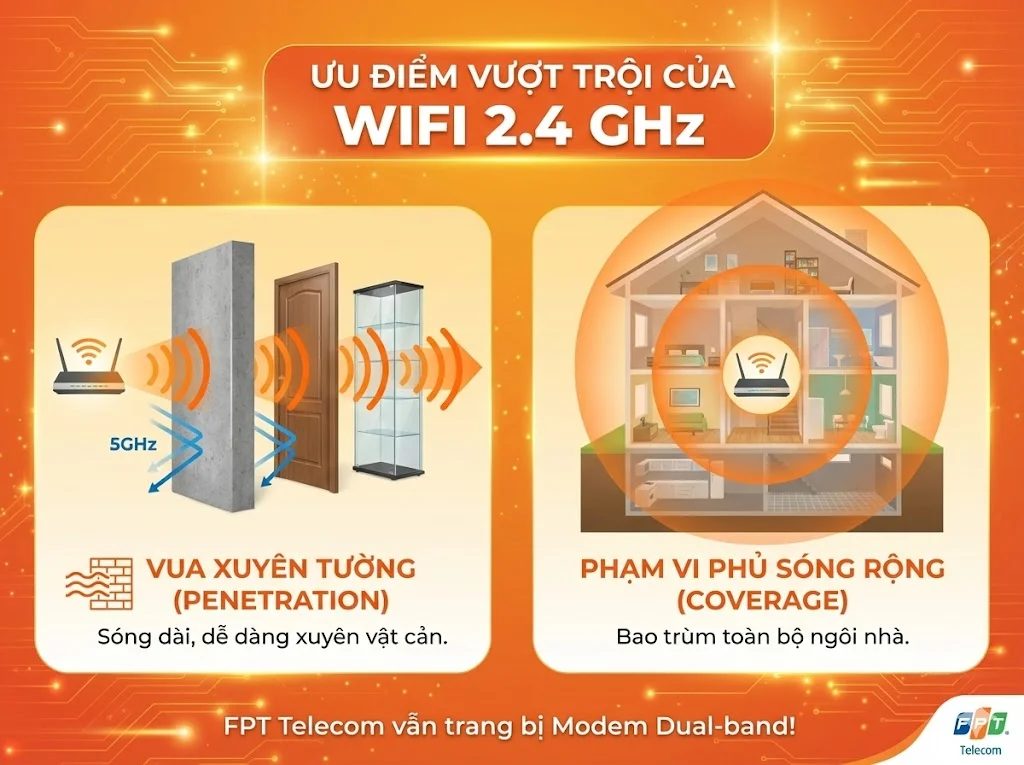 Wifi 2.4 GHz xuyên tường tốt và phủ sóng rộng hơn 5GHz