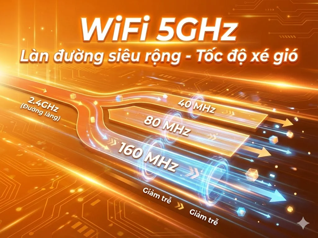 WiFi 5GHz là gì? Minh họa băng tần 5GHz tốc độ cao, độ trễ thấp