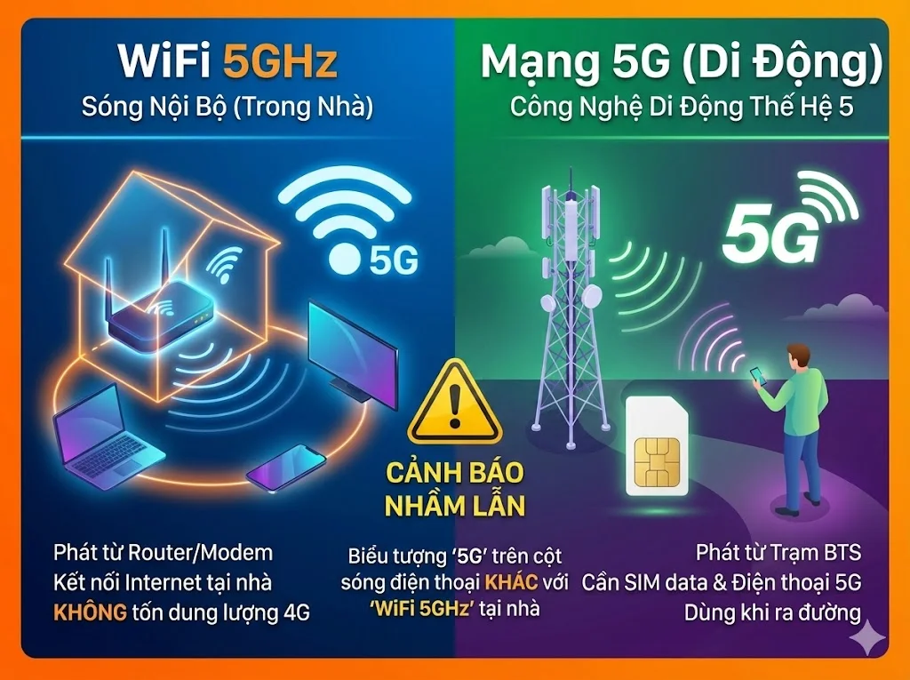 Phân biệt WiFi 5GHz trong nhà và mạng di động 5G