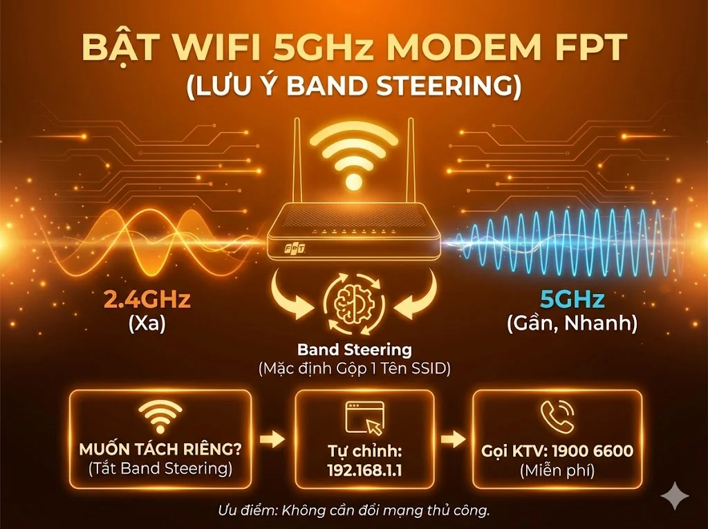 Cách bật WiFi 5GHz trên modem FPT và cơ chế Band Steering