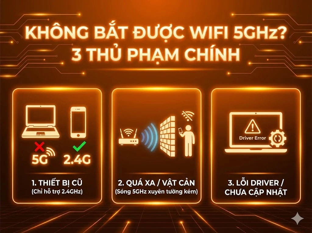 Nguyên nhân điện thoại, laptop không bắt được WiFi 5GHz