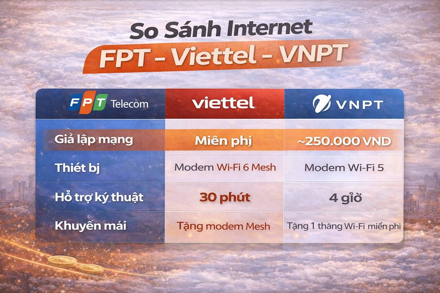 So sánh Internet FPT Viettel VNPT